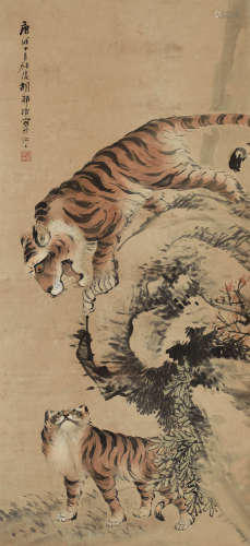 胡郯卿 庚戌（1910年） 双虎图 立轴 设色纸本