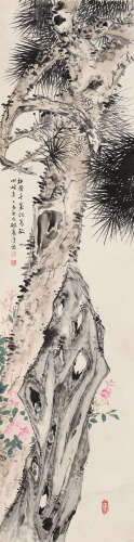 史梦兰 乙酉（1885年） 松树花卉 托片 设色纸本