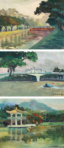 朱辉 1979年作 水彩风景 （三帧） 镜片 设色纸本
