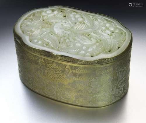 Chinese Ming jade inlaid brass box,