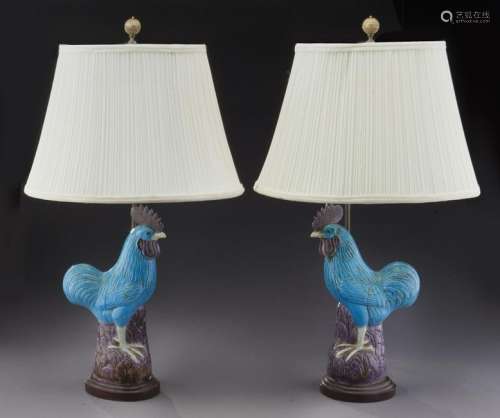 Pr. Asian ceramic roosters converted to lamps