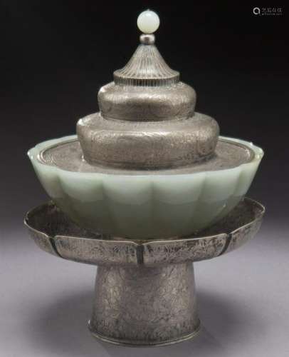 Chinese Mongolian silver and jade bowl,