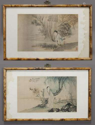 (2) Chinese watercolor on silk framed paintings,