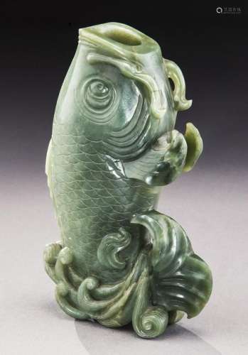 Chinese Qing carved jade vase depicting a fish.