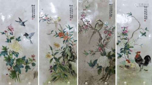 鄧肖禹作四季花卉圖瓷板 四件