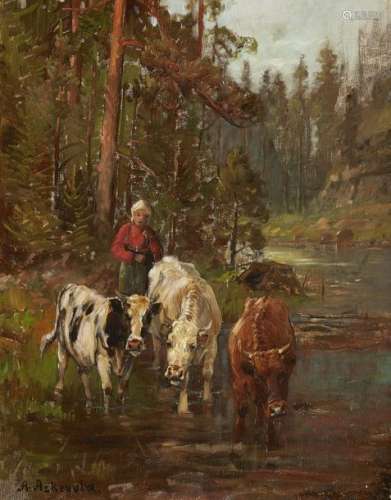 Anders Monsen Askevold, Shepherdess and Cattle by …