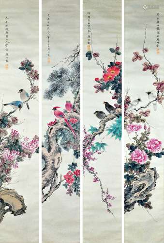 顏伯龍 花鳥 四屏 設色紙本 立軸