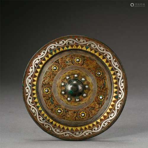 CHINESE GOLD SILVER INLAID BRONZE ROUND MIRROR