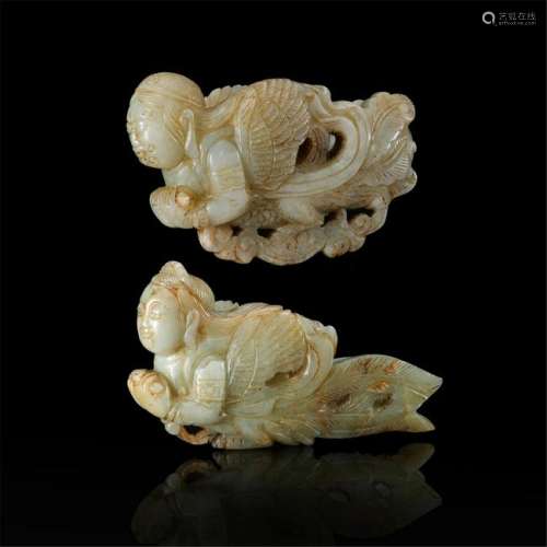 TWO CHINESE ANCIENT JADE FLYING BEAUTY PLAQUE