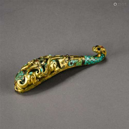 CHINESE TURQUOISE GOLD INLAID BRONZE DRAGON BELT HOOK