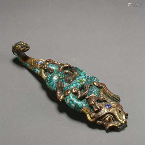 CHINESE TURQUOISE SILVER GOLD INLAID BRONZE DRAGON BELT