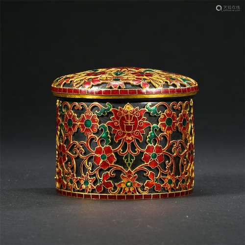 CHINESE PURE GOLD ENAMEL FLOWER LIDDED BOX