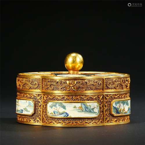 CHINESE PURE GOLD ENAMEL PLAQUE INLAID LIDDED BOX