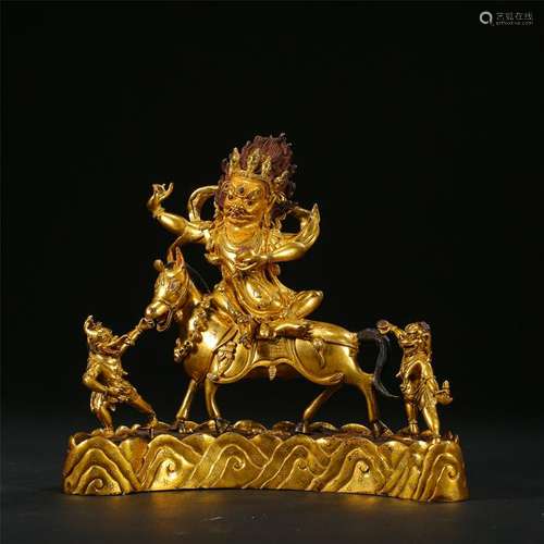 TIBETAN GILT BRONZE BUDDHIST GUARDIAN ON HORSE