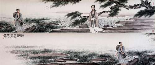 CHINESE HAND SCROLL PAINTING OF MEN IN WOOD