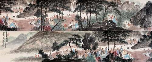 CHINESE HAND SCROLL PAINTING OF PEOPLE IN WOOD