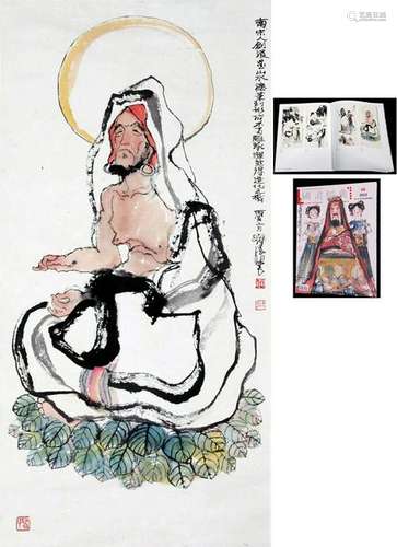 CHINESE SCROLL PAINTING OF SEATED LOHAN WITH