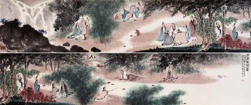 CHINESE HAND SCROLL PAINTING OF MEN IN WOOD