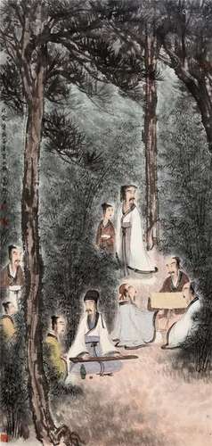 CHINESE SCROLL PAINTING OF MEN IN WOOD