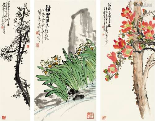 曹简楼（1913～2005） 红棉花·水仙·墨梅