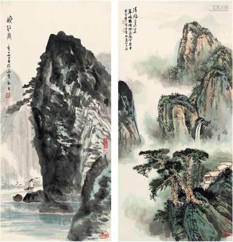 谢春林［现代］、苗重安（1938～ ） 翠峰飞瀑图·峡江雨