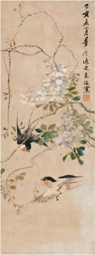 朱 偁（款）（1826～1900） 藤花春燕图
