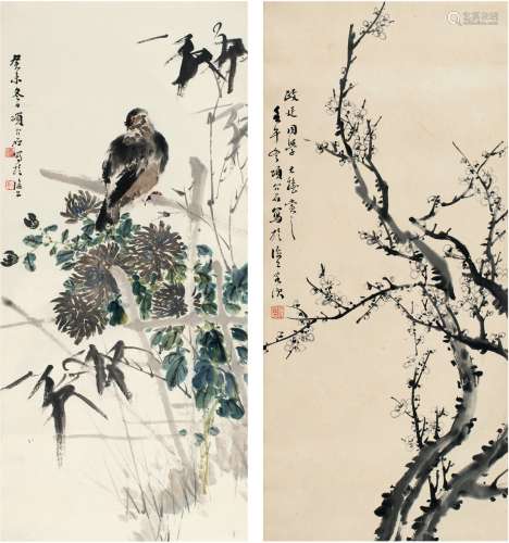 项介石（1893～1964） 墨梅图·菊花彩鸽