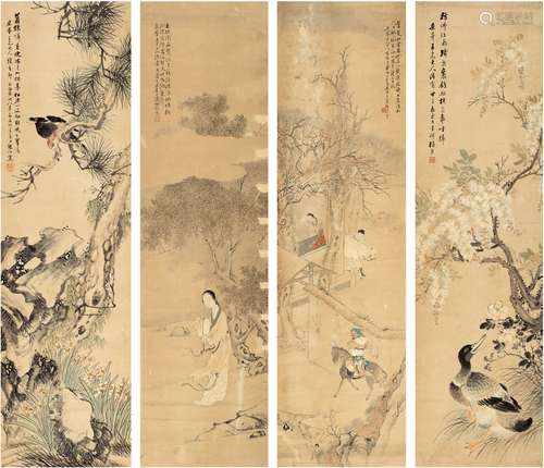 张 熊（1803～1886）、叶 镛［清］、胡 术［清］、朱 偁（1826～1900） 人物花鸟四屏