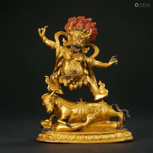 TIBETAN GILT BRONZE SAMANTAKA ON OX