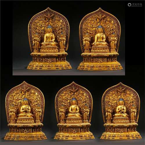 FIVE CHINESE GILT BRONZE SEATED BUDDHA