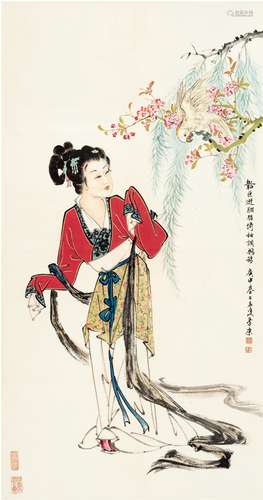 季  康（1913～  ）  美女鹦鹉图