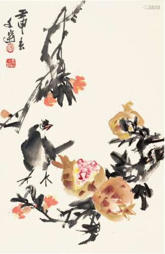 汤文选（1925～2009）  榴花禽趣图