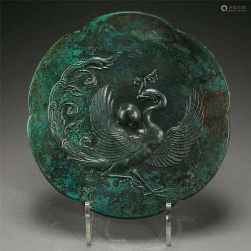 CHINESE ANCIENT BRONZE PHOENIX FLOWER SHAPED MIRROR