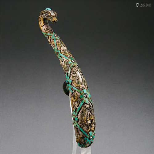 CHINESE GOLD SILVER INLAID BRONZE DRAGON BELT HOOK