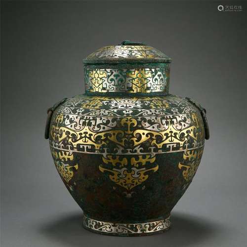 CHINESE GOLD SILVER INLAID BRONZE LIDDED JAR