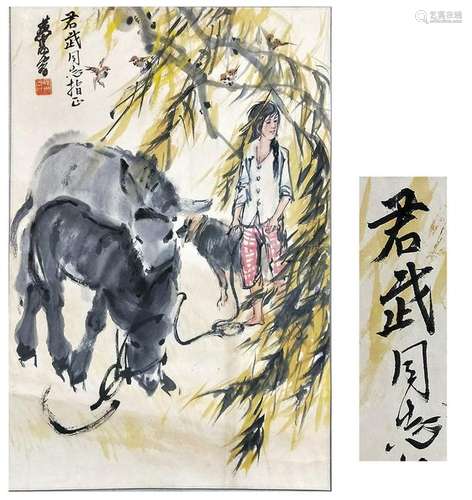 CHINESE SCROLL PAINTING OF GIRL AND DONKEY UNDER WILLOW