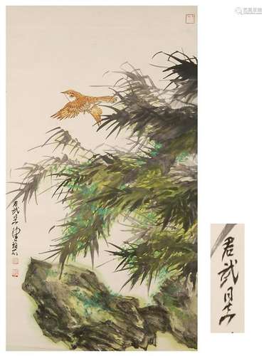 CHINESE SCROLL PAINTING OF SPARROW AND BAMBOO GIFT TO