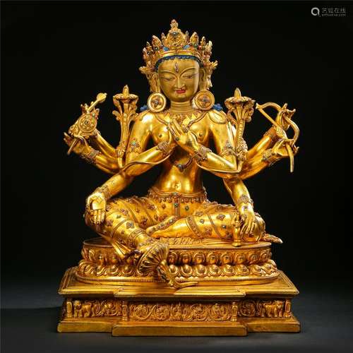 CHINESE GILT BRONZE SEATED EIGHT ARM GUANYIN