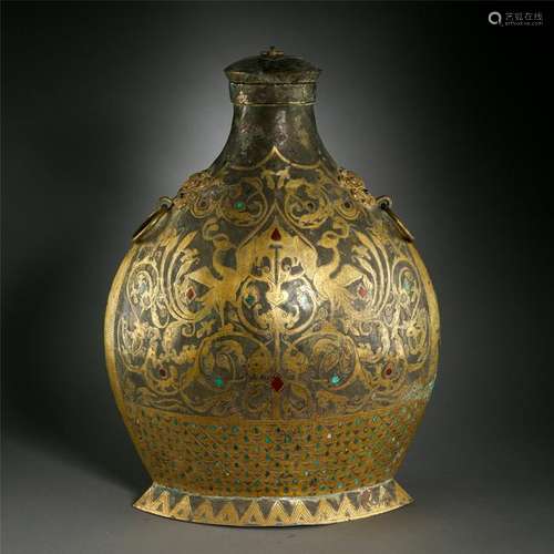 CHINESE TURQUOISE GOLD INLAID BRONZE KETTLE