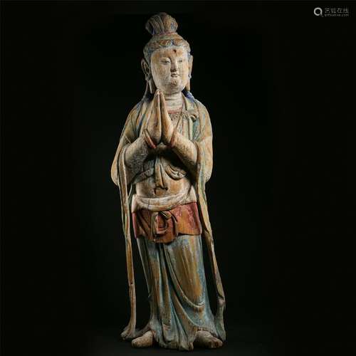 CHINESE COLOR PAINTED WOOD STANDING GUANYIN