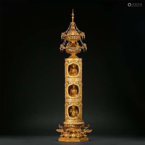 CHINESE PURE GOLD SEATED BUDDHA IN TOWER NICHE