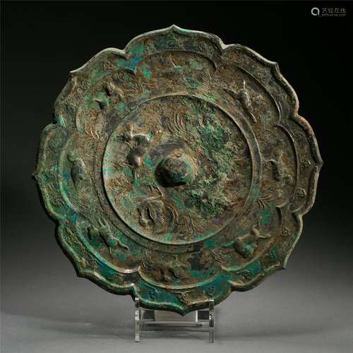 CHINESE ANCIENT BRONZE BIRD FLOWER SHAPED MIRROR