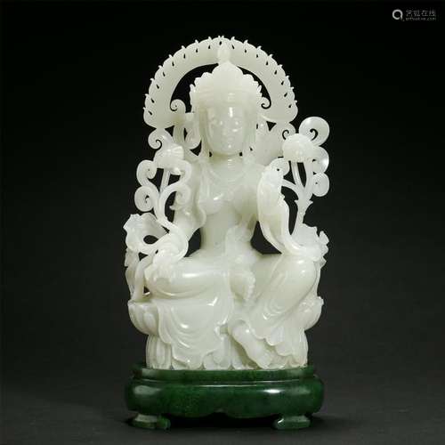 CHINESE WHITE JADE SEATED GUANYIN ON SPINACH JADE STAND