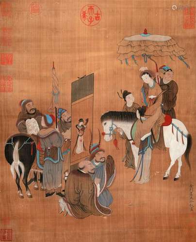 CHINESE SCROLL PAINTING OF BEAUTY ON HORSE