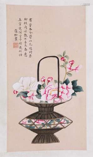 CHINESE SCROLL PAINTING OF FLOWER IN BASKET