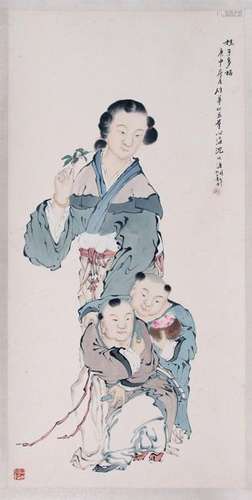 CHINESE SCROLL PAINTING OF BEAUTY AND BOY