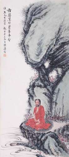 CHINESE SCROLL PAINTING OF LOHAN UNDER CLIFF