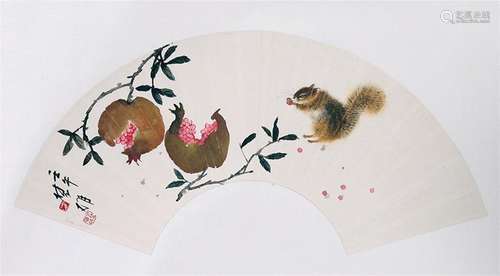 CHINESE SCROLL PAINTING OF SQUARRIL AND FRUIT