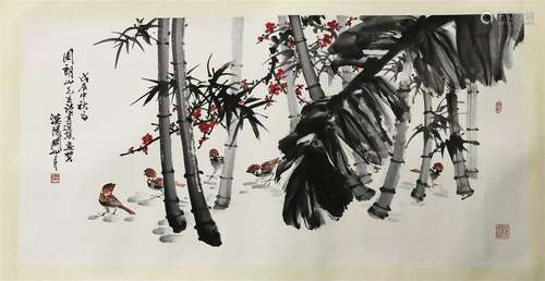 CHINESE SCROLL PAINTING OF BIRD AND BAMBOO