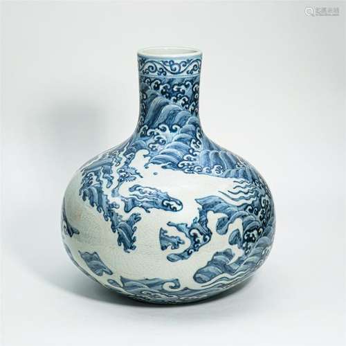 CHINESE PORCELAIN BLUE AND WHITE DRAGON AND WAVE